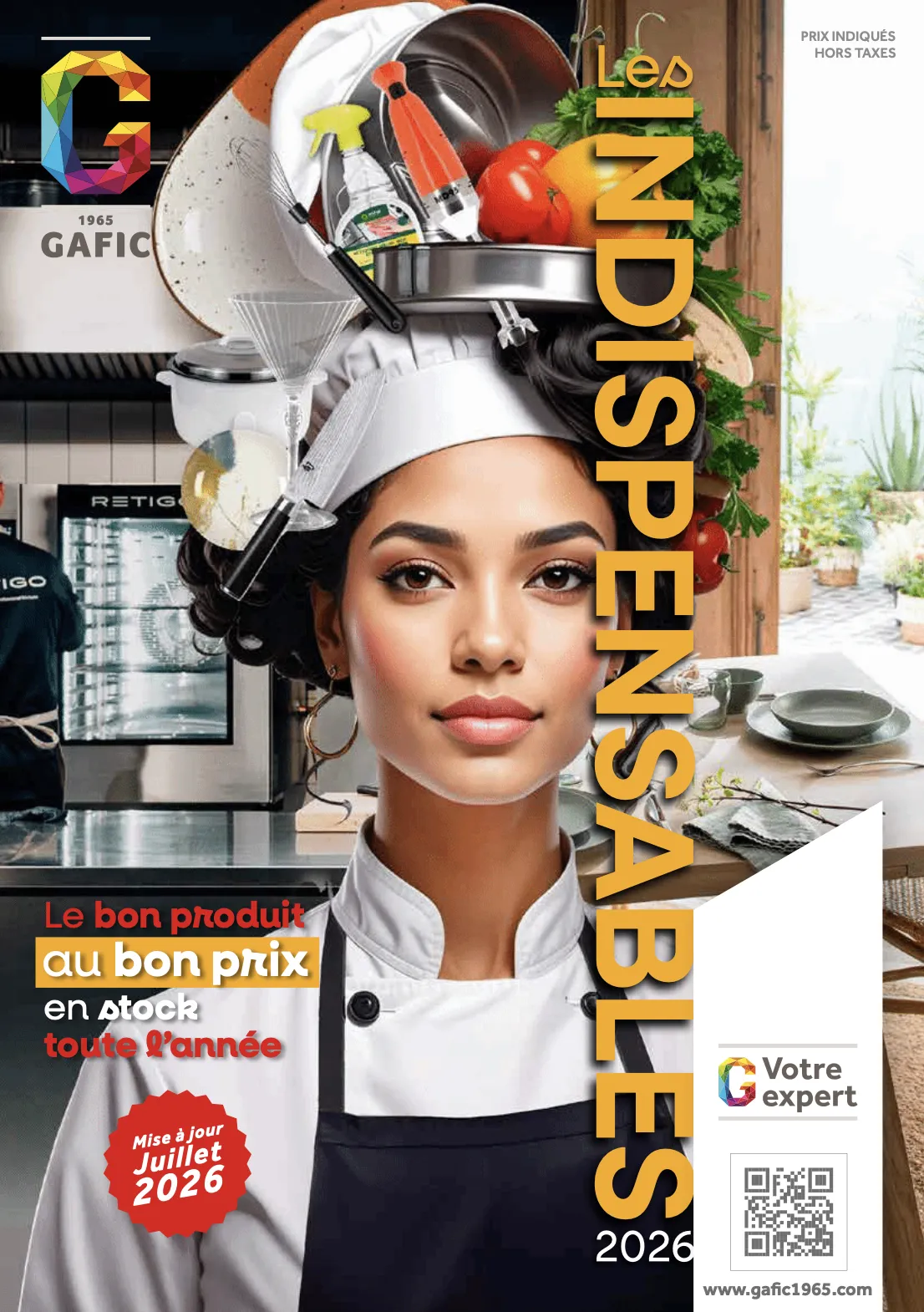 Couverture officielle du catalogue GAFIC Les Indispensables 2026, la référence en équipement et petit matériel professionnel pour les métiers de bouche.